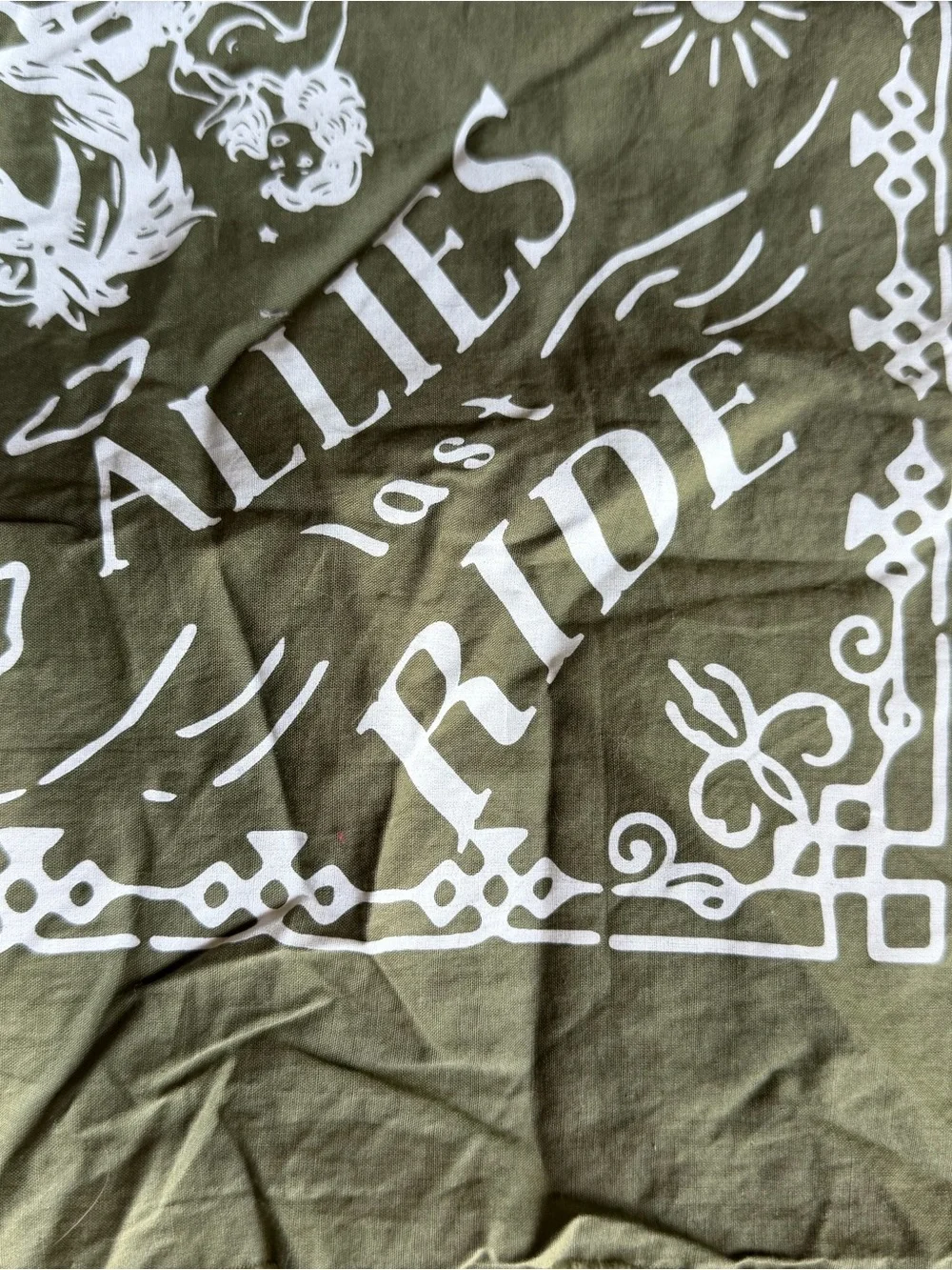 White Graphic Bandana-Style Print on Olive Green Fabric